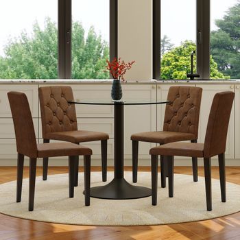 Conjunto De Mesa Y 4 Sillas - Comedor - Cristal Y Metal - Marrón Y Negro (85x85x76cm)