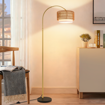 Lámpara De Pie Nettlife Boho De Ratán: Lámpara Arqueada Regulable Con Mando A Distancia, Led E27, Estilo Vintage, Altura 165-180 Cm, Giro De 350°