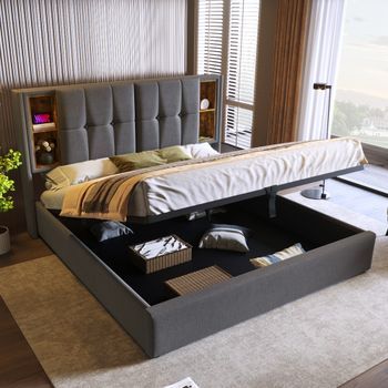 Cama Tapizada Doble 160x200 Cm Algodón Gris Usb-c Inalámbrico Somier Láminas Almacenamiento