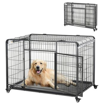 PawHut Jaula de Metal para Perros Grande Plegable con Ruedas Frenos Bandeja Extraíble Puerta con Pestillos Ideal Labrador 125x76x81 cm   Aosom España