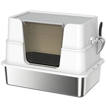 PawHut Caja de Arena para Gatos de Acero Inoxidable con Entrada XL, con Pala, Gris Claro