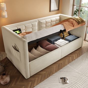 Sofá Cama Tapizado 90x200 Cm, Sofá Cama Individual Con Espacio De Almacenamiento Hidráulico Y Estación De Carga Usb Y Type-c, Cama Supletoria Con Somier De Listones De Madera, Color Beige, Terciopelo (sin Colchón)