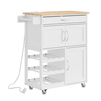 Sobuy Isla De Cocina Blanca Con Cajón, Ruedas Y Carga Inalámbrica, Mdf 75x37x87 Cm