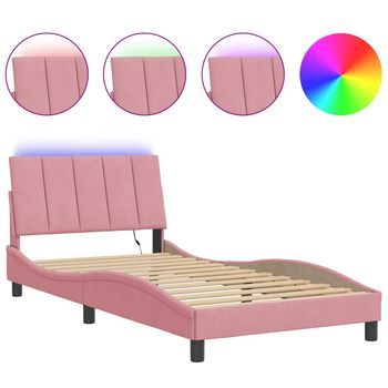 Cama Individual | Cama Para Adultos | Estructura De Cama Con Luces Led Terciopelo Rosa 100x200 Cm