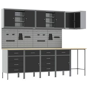 Conjunto De Armarios De Trabajo Con Cajón 12 Uds. Negro Y Gris Vidaxl