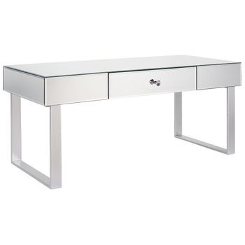 Mesa De Centro De Vidrio Plateado 110 X 47 Cm Cajón Espejado Pomo Glamour Nesle