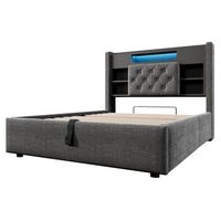 cama de lino gris 90 x 200 cm con cabecero de almacenaje led 3 usb usb-c y somier hidraulico