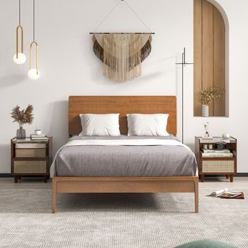 Mesa Noche Bambú Ratán Cajón Patas Madera Maciza Auxiliar Dormitorio Salón Marrón 43x35x50cm Juego 2 Cfw79032