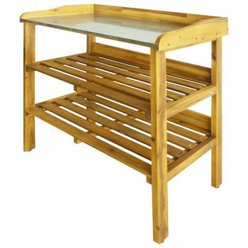 Banco Para Macetas Con 2 Estantes | Banco De Exterior | Silla De Jardín Madera Maciza De Acacia+zinc