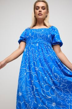 Yours Vestido Midaxi Azul Floral Cuerpo Fruncido, Mujer Curvy Y Tallas Grandes, Yours