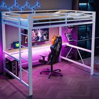 estructura litera metal 140x200 cm con led carga usb y escritorio blanco