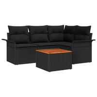 juego de sofa de jardin de 5 uds con cojines poliratan negro y acacia cfw761739
