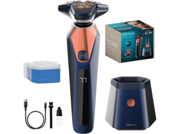 Afeitadora PrecisionCare Saphire Pro Elite, Cuchillas de titanio, Base autolimpieza, 90 min autonomía, IPX7, 3 velocidades, Azul