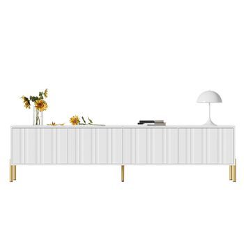 Mueble De Salón, Mueble Tv Blanco 190 Cm, 4 Puertas Acanaladas, Mueble Tv Patas Doradas, Madera Mdf