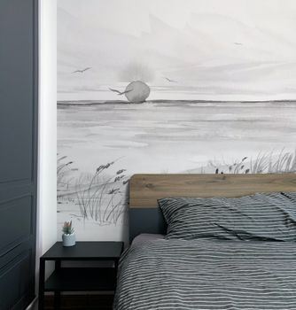 Papel pintado panorámico paisaje de atardecer, gris 375 x 25