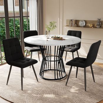 Conjunto De Comedor - Mesa Y 4 Sillas - Mdf Y Metal - Blanco Y Negro (100x100x75cm)
