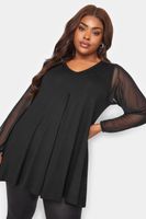 yours top negro con manga plisada de malla mujer curvy y tallas grandes yours