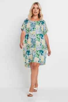 Yours Vestido Fresco Corto Verde Patchwork, Mujer Curvy Y Tallas Grandes, Yours