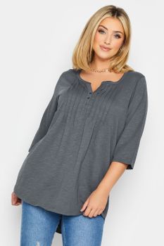 Yours Camiseta Algodón Gris Con Jaretas Y Cuello Panadero, Mujer Curvy Y Tallas Grandes, Yours