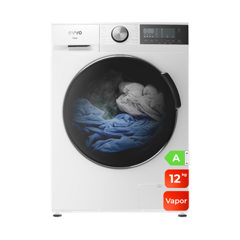 EVVO Lavadora 12 kg carga frontal Nova 12, 1350 rpm, Clase energética A, Motor Inverter, tambor diamante ePROTECT, 14 programas, Función vapor Steam Wash, Smart LOAD, Lavado Rápido 15', Inicio