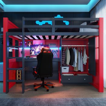 Cama Mezzanine Gaming 90x200 Cm Roja/negra Con Escalera, Cajones, Escritorio, Armario, Iluminación Led Y Almacenamiento Para Adolescentes.