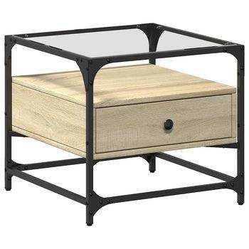 Mesa De Centro 50x50x45 Cm Madera Tratada, Acero Y Vidrio - Marrón
