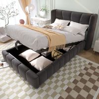cama infantil tapizada con somier de lamas y almacenamiento neumatico cabecero marco de lino 90x200 cm gris