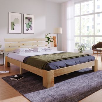 Cama Con Cabecero - 140 X 200 Cm - Madera Maciza - Somier De Láminas - Color Natural