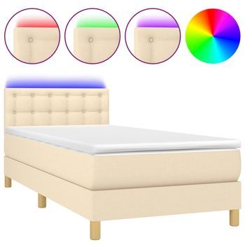 Cama Individual | Cama Para Adultos | Cama Box Spring Con Colchón Y Led Tela Crema 90x190 Cm