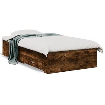 Cama Para Adulto | Cama Individual | Cama Con Cajones Madera De Ingeniería Roble Ahumado 100x200 Cm