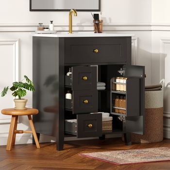 Mueble De Baño Negro Brillante De 61 Cm Con Lavabo Cerámico Y Almacenamiento