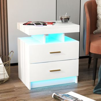 Mesita De Noche Led Con 2 Cajones Mesa Auxiliar Moderna Con Modo De Luz Ajustable Y Control Remoto 50 X 40 X 58 Cm-blanco Cfw35684