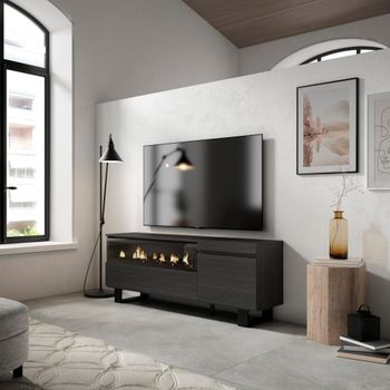 Mueble tv efecto madera negro 150x35x57cm chimenea efecto fuego