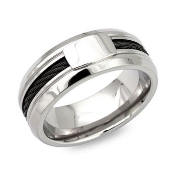 Anillo moderno de acero inoxidable con cable de acero negro