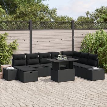 Conjunto De Sofá De Jardín De 9 Piezas Con Cojines Negro De Rattan V3512 Unico / Negro
