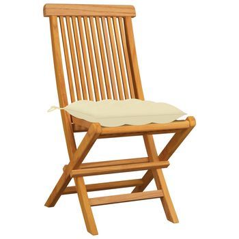 Pack 4 Uds Sillas De Jardín | Silla De Exterior | Sillón Madera De Teca Con Cojines Blanco Crema