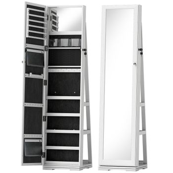HOMCOM Espejo Joyero Giratorio 360° con Cerradura y Espejo Pequeño Incorporado 38x38x160 cm Blanco   Aosom España