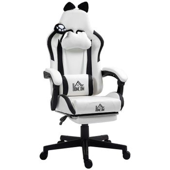 Homcom Silla Gaming Con Orejas Altura Ajustable Reposapiés Retráctil Blanco