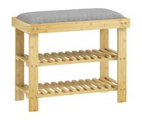 homcom banco zapatero de bambu zapatero con asiento acolchado 2 estantes para 6 pares de zapatos para entrada dormitorio 60x29x49 cm natural y gris