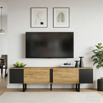 Mueble Bajo Para Tv Con 2 Puertas Y Estantes Abiertos - Tablero De Partículas - Madera Natural Y Negro (180x40x55cm)