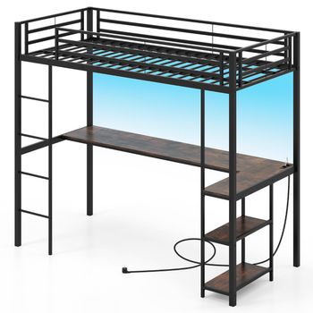 Costway Cama Loft de 200 x 90 cm con Escritorio Cama Elevada con LED Estación de Carga Cama Metálica Alta con Barandilla y Escalera