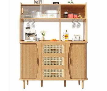Aparador buffet 174,5 cm - diseño en ratán con puertas correderas de cristal, gran capacidad de almacenamiento, acabado madera/nogal, carga hasta 60 kg - madera