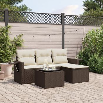Conjunto De Sofás De Jardín 4 Uds | Mueble Jardin Mesa Y Sillas Y Cojines Ratán Sintético Marrón Cfw867937