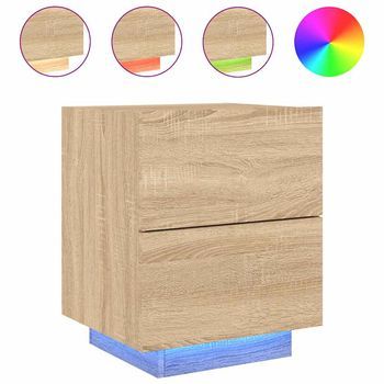 Mesita De Noche | Mesa Auxiliar | Mesilla Con Luces Led Madera De Ingeniería Roble Sonoma