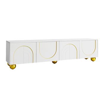 Mueble Tv Blanco Y Dorado De 170 Cm, Cuatro Puertas Y Apertura A Presión