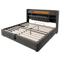 cama de lino gris 140 x 190 cm con cabecero de almacenaje led 3 usb usb-c y somier hidraulico