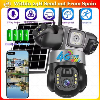 Cámaras solares 4G con 3 lentes, control remoto por aplicación, cámara IP CCTV, protección de seguridad para el hogar inteligente, monitoreo de vigilancia PTZ inalámbrico de 360°, cámara impermeable