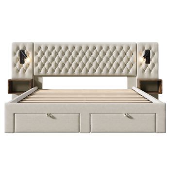 Juego De Cama 160x200cm Con 2 Mesitas De Noche Y 4 Cajones, Cabecero Luminoso Con Puerto Usb, Terciopelo, Colchón Incluido, Beige