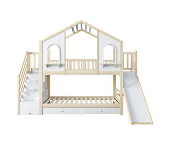 Cama litera 90x200 cm - casa con ventanas curvas, escalera con almacenamiento y tobogán - natural y blanco