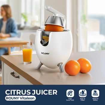 Exprimidor de Cítricos Eléctrico ROUNY de 850W, de Acero Inoxidable, para Naranjas y Limones, Exprimidor de Presión de Alto Rendimiento, Diseño Espacial Blanco